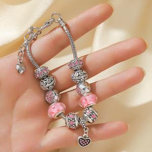 Vòng tay hạt thủy tinh pha lê DIY màu hồng với hạt lỗ lớn, phong cách nổi bật dành cho phụ nữ, thiết kế sang trọng và dễ thương