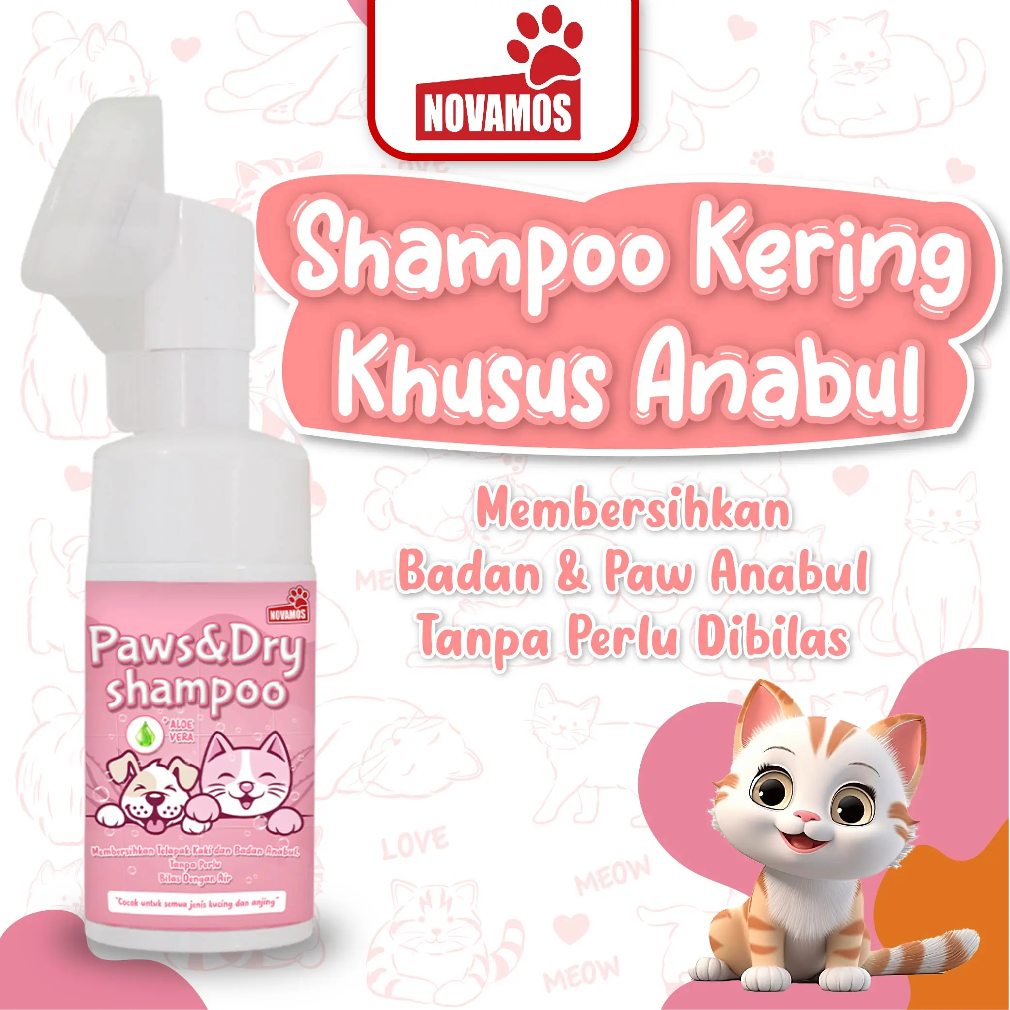 NOVAMOS Dry Shampoo Mandi Kering Tanpa Air Tanpa Bilas Shampo Kering Kucing Sampo Kucing dan Anjing Tanpa Bilas Praktis Efektif Membersihkan dan Melembutkan Bulu Anabul 100ml paw  cleaner tanpa air