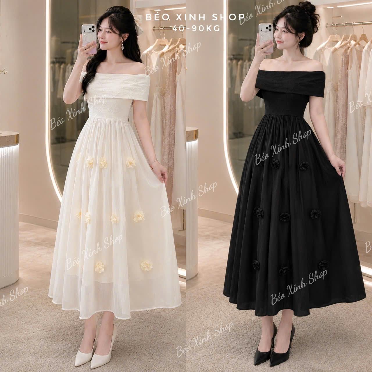 Váy Đầm Trễ Vai Bigsize Tùng Xòe Hoa Nổi Cao Cấp – Dự Tiệc Đi Chơi 40-90kg -B.1820