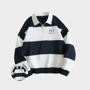 Sweater Rugby Hoodie salur terbaru sweater kerah CREWNECK NY BRKLYN pria wanita Fleece Panjang Biru Hitam Navy Muda Polo