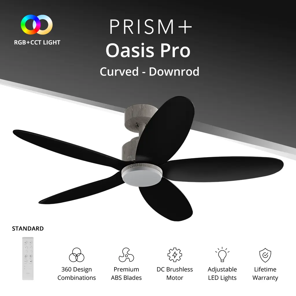 PRISM+ Oasis Pro Ceiling Fan Curve - 5 Blades - Downrod Standard NRGB [Downrod - Matte White > Arrives in Mid to Late September]