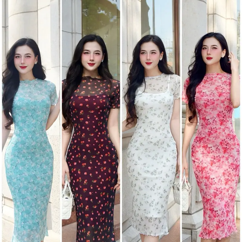 Đầm Body Tay Ngắn Dáng Dài SOJUN Váy Body In Hoa 3 Size 45-70 kg -DT003