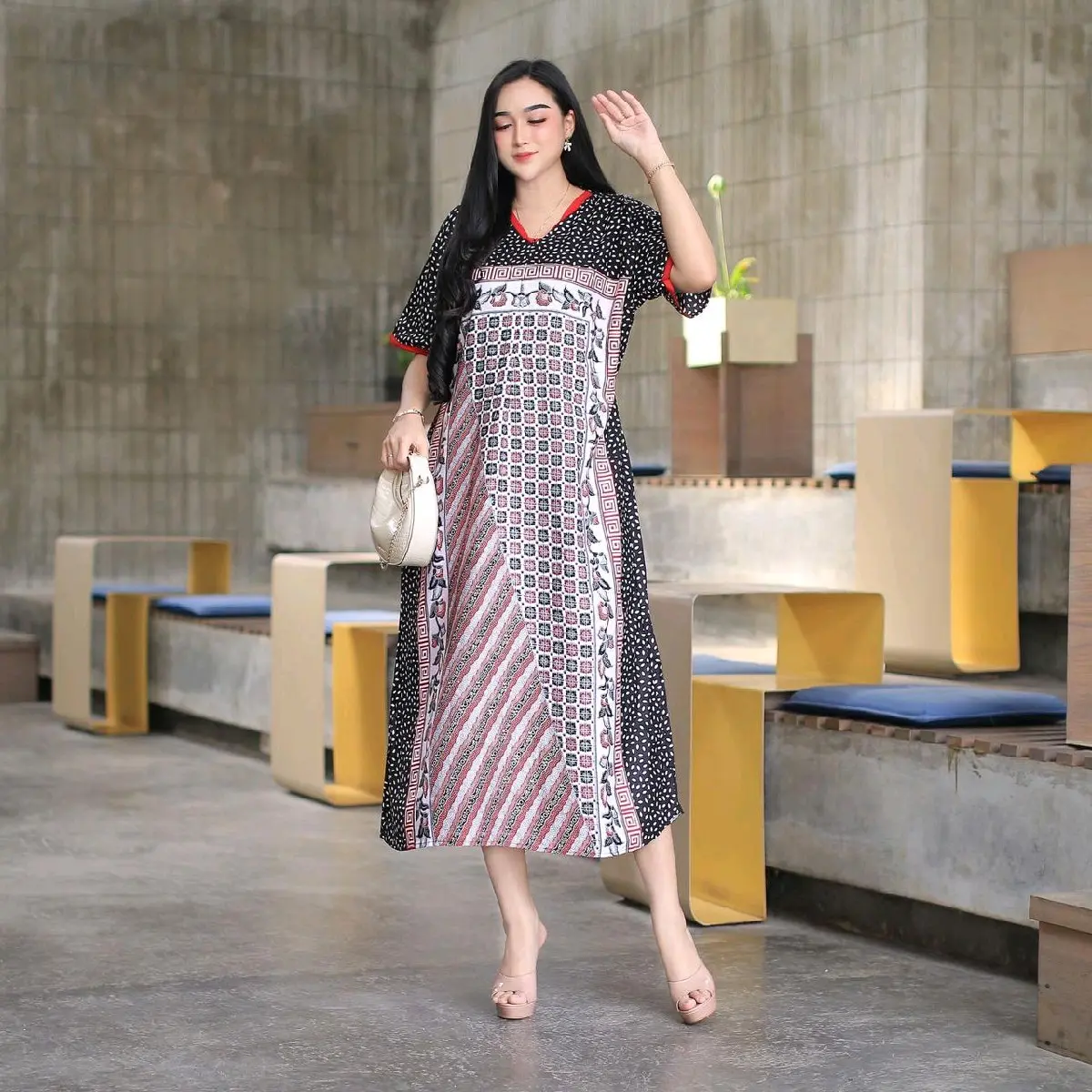 Daster Nadia Ld120 Pj110 Busui Wanita - Busui Friendly dan Panjang - Dress, Rayon, Katun, Tidur, Hitam, Kancing, Bumil Ibu Lembut Menyusui Nyaman Samping Santai Pendek