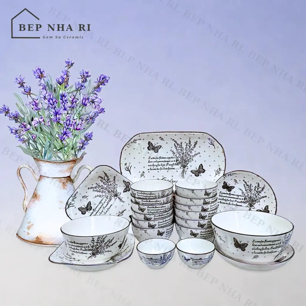 [ BepNhaRi ] Bộ bát đĩa Gốm Sứ họa tiết Hoa Oải Hương Cao Cấp -  decor trang trí bàn ăn Gia Đình