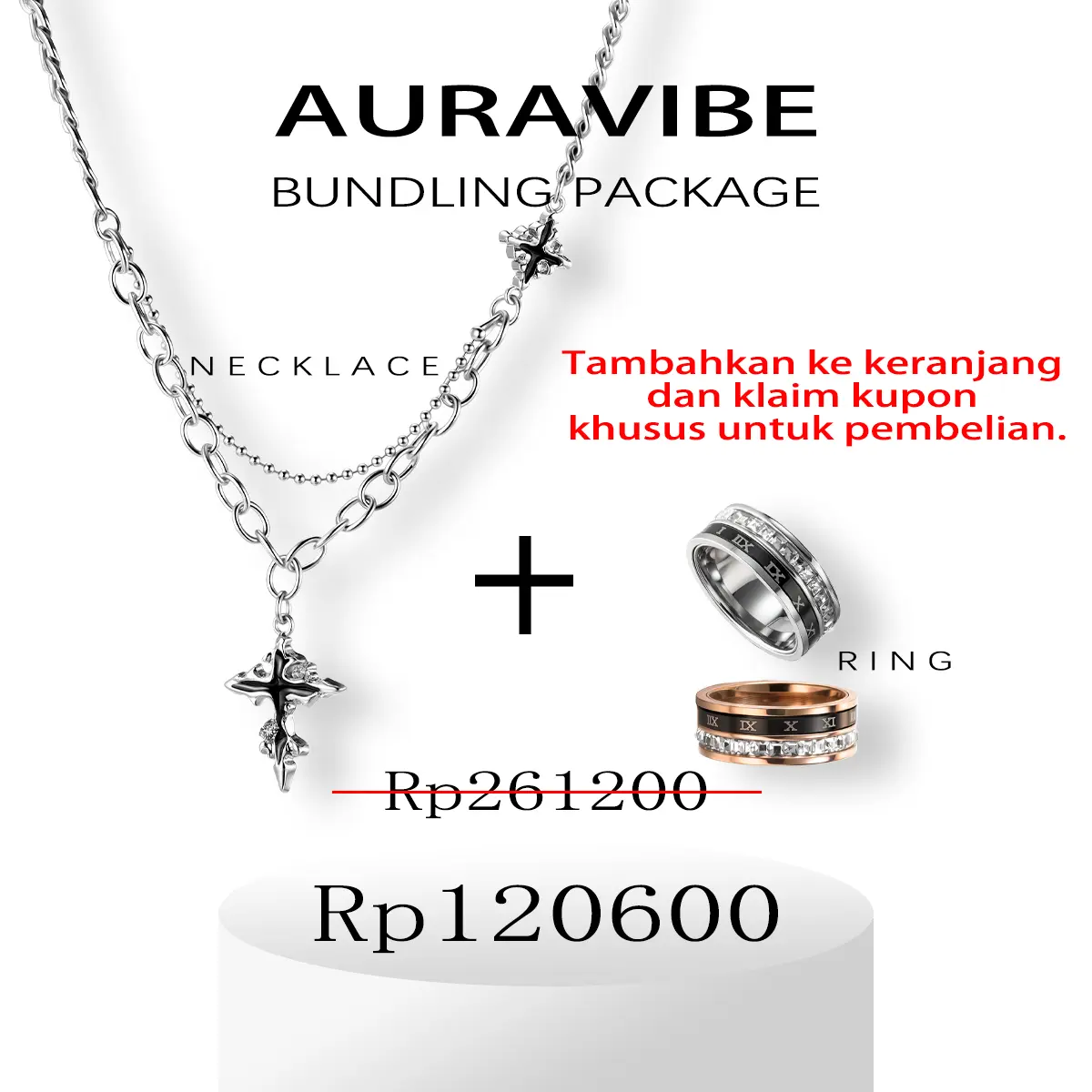 AURA VIBE Kalung&Cincin rantai liontin salib bergaya hip-hop trendi dan cincin putar angka Romawi berbahan titanium berhias berlian merupakan aksesori unisex yang mewah, unik dan keren.