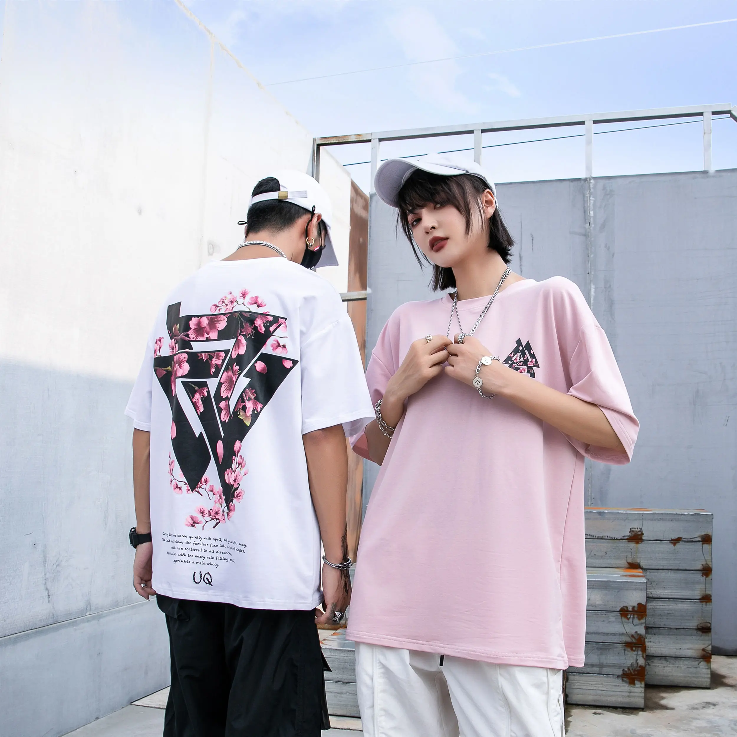 [ Sozo-one ] Korean Style Design Triangle Pattern Flowers Oversized Tee Unisex Couple Cotton Casual D20861 Crew Neck Clothing Comfort T-shirt