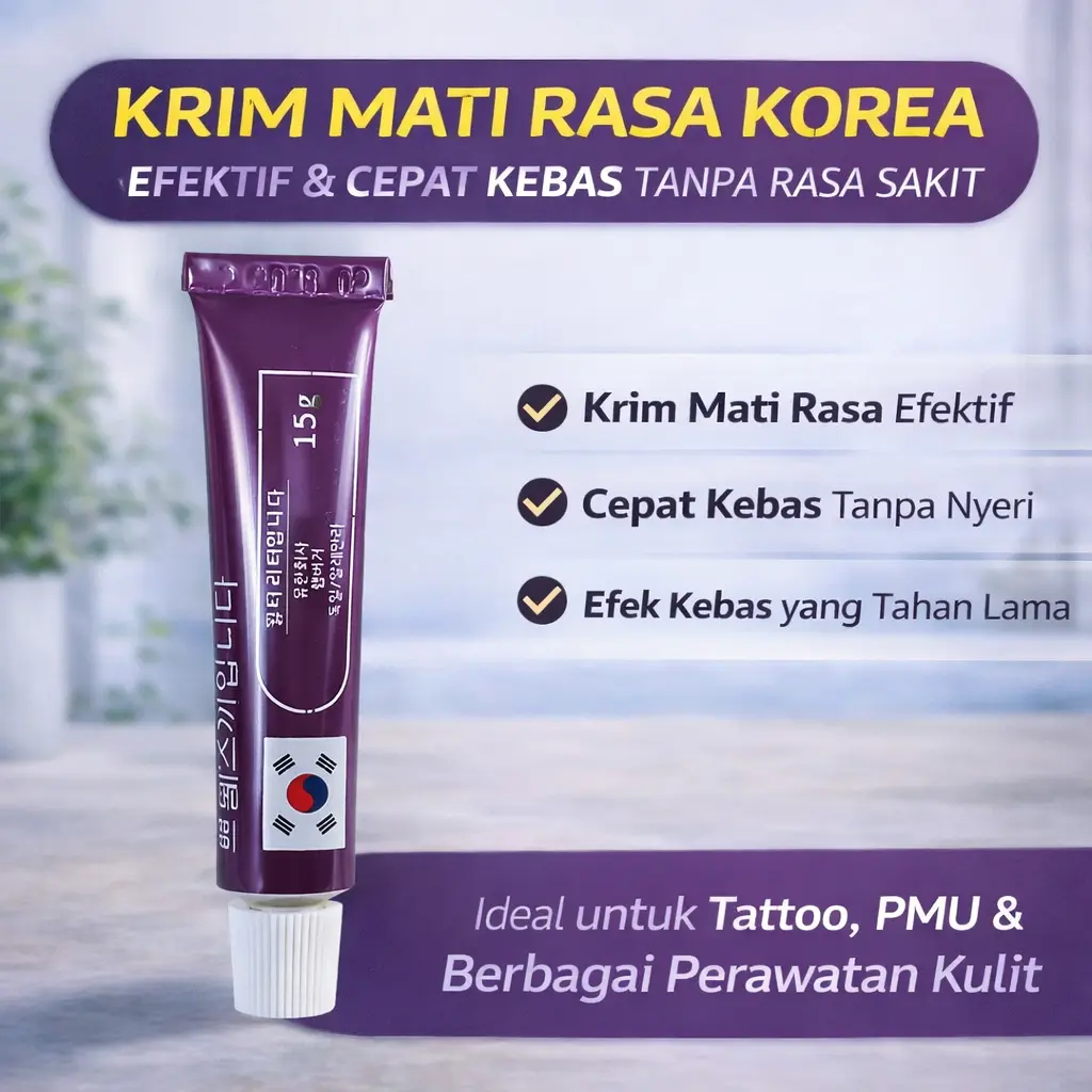 Krim Numbing Korea 15g – Cepat Kebas Tanpa Nyeri untuk Tattoo, Sulam Alis & Laser