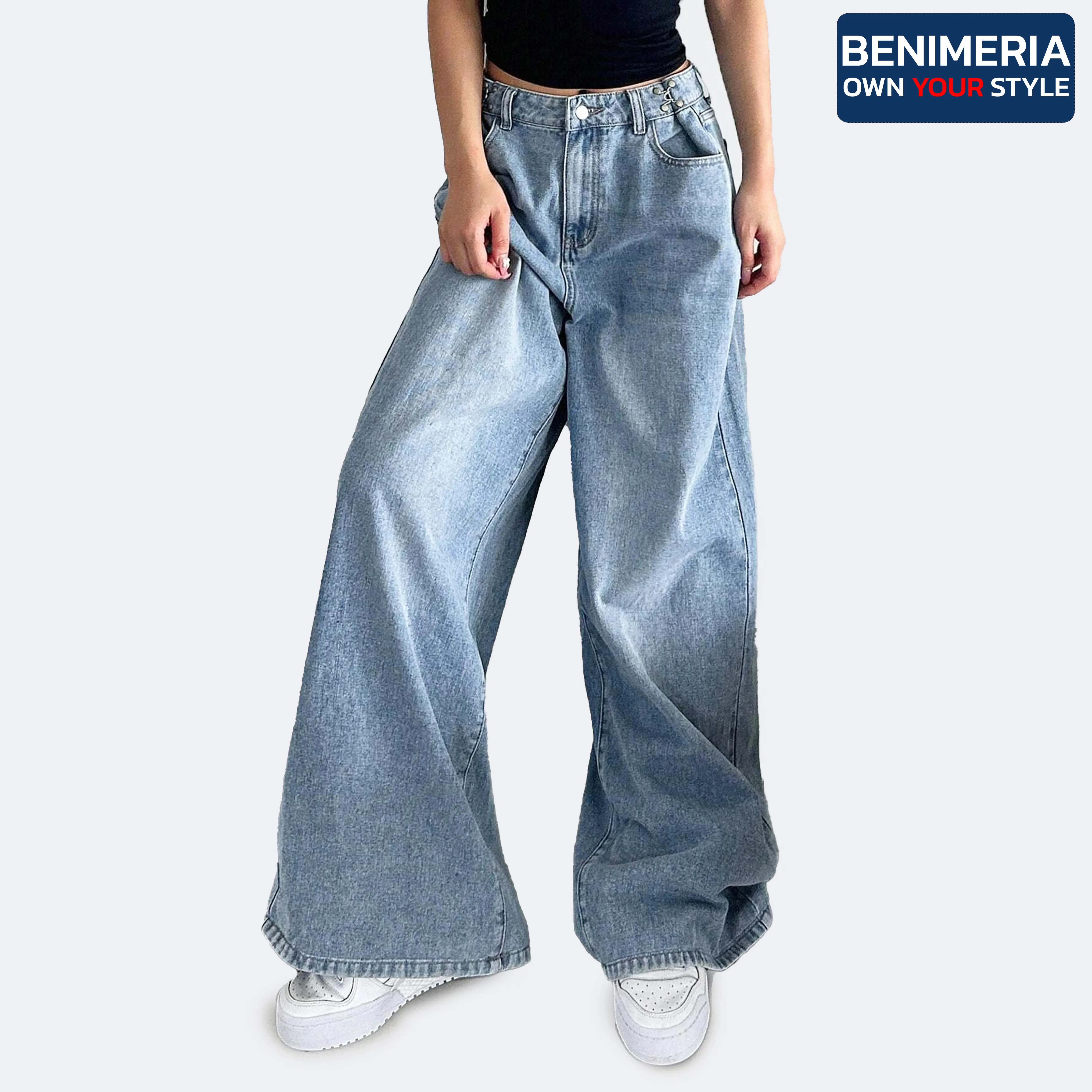 Benimeria-Womens High waist Jeans Slant Pocket Wide Leg Denim Pants
