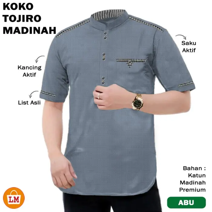 Baju Koko Pria Muslim TOJIRO MADINAH Premium Lengan Pendek/18849-18855 - Abu-abu, M Kancing Katun