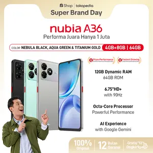 [AFDHAL AVROVE] Handphone nubia A36 ROM 64GB RAM 12GB (4+8GB) Smartphone Kamera AI 13MP Layar 6.75" 90Hz, Baterai 5000mAh Fast Charging
