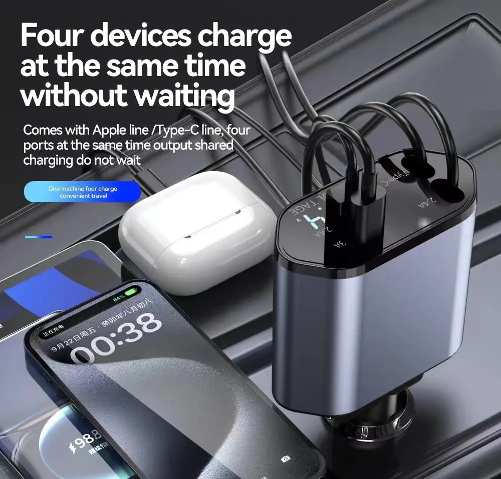 [SG Seller] 66W 4IN1 Super Fast Car Charger Adapter With LED Indicator supports IOS & Android Charging Smartphone Device Usb Cable Retractable Cellphone Protection Mobile Electronic