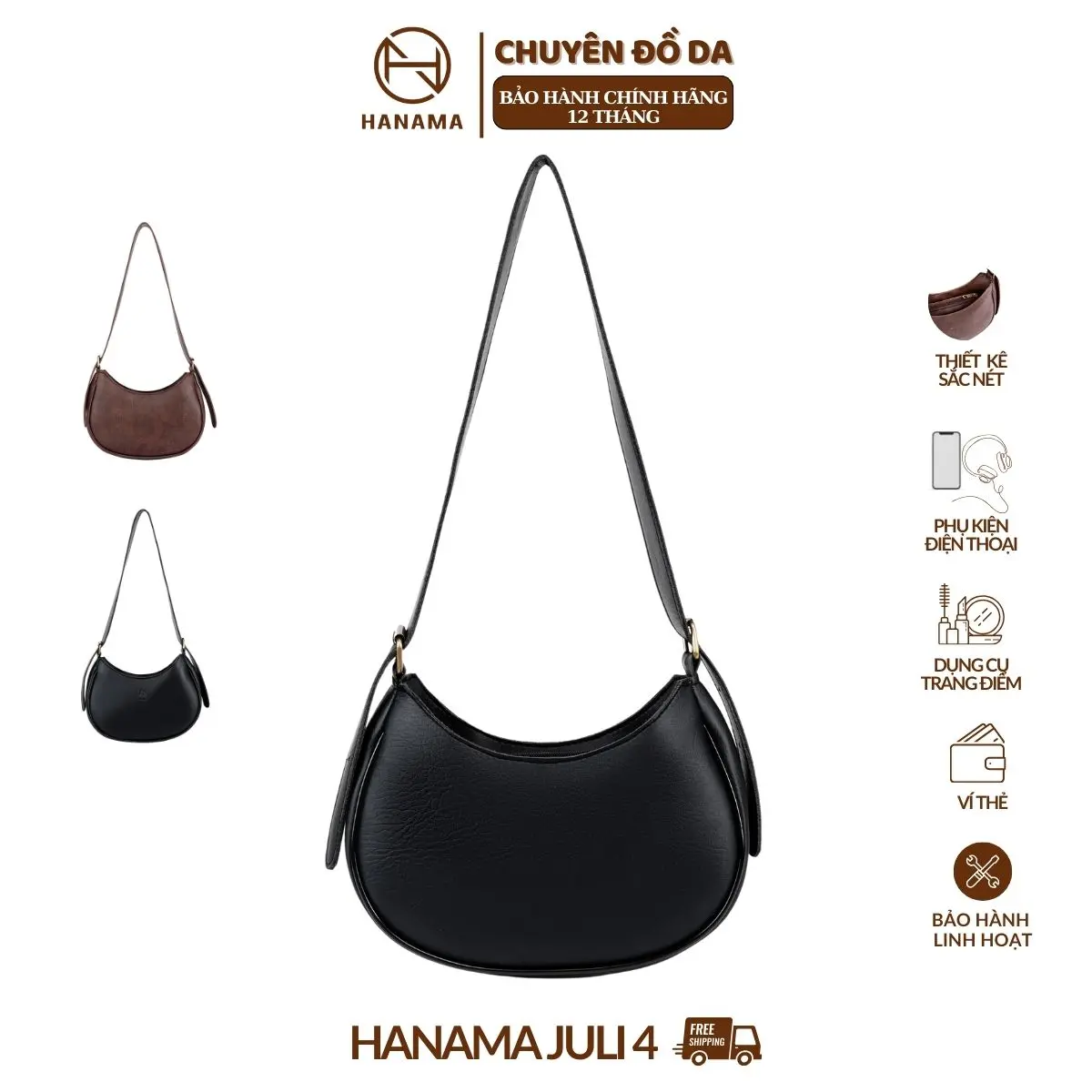 [ƯU ĐÃI -GIÁ SỐC]_Túi xách nữ đeo vai nữ thiết kế cao cấp HN Juli4 Da Bag Đen - Nâu hanama túi xách