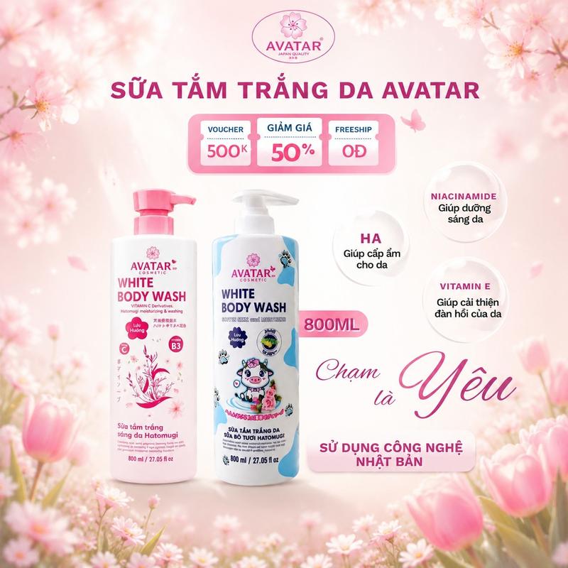 [Độc quyền KOL CAM Academy]Avatar Sữa Tắm Trắng Da White Body Wash 800mL Vitamin B3 Mềm Mại & Tươi Sáng với Hạt Ý Dĩ & Vitamin E B1 B12 Dưỡng Chất Chính Hãng
