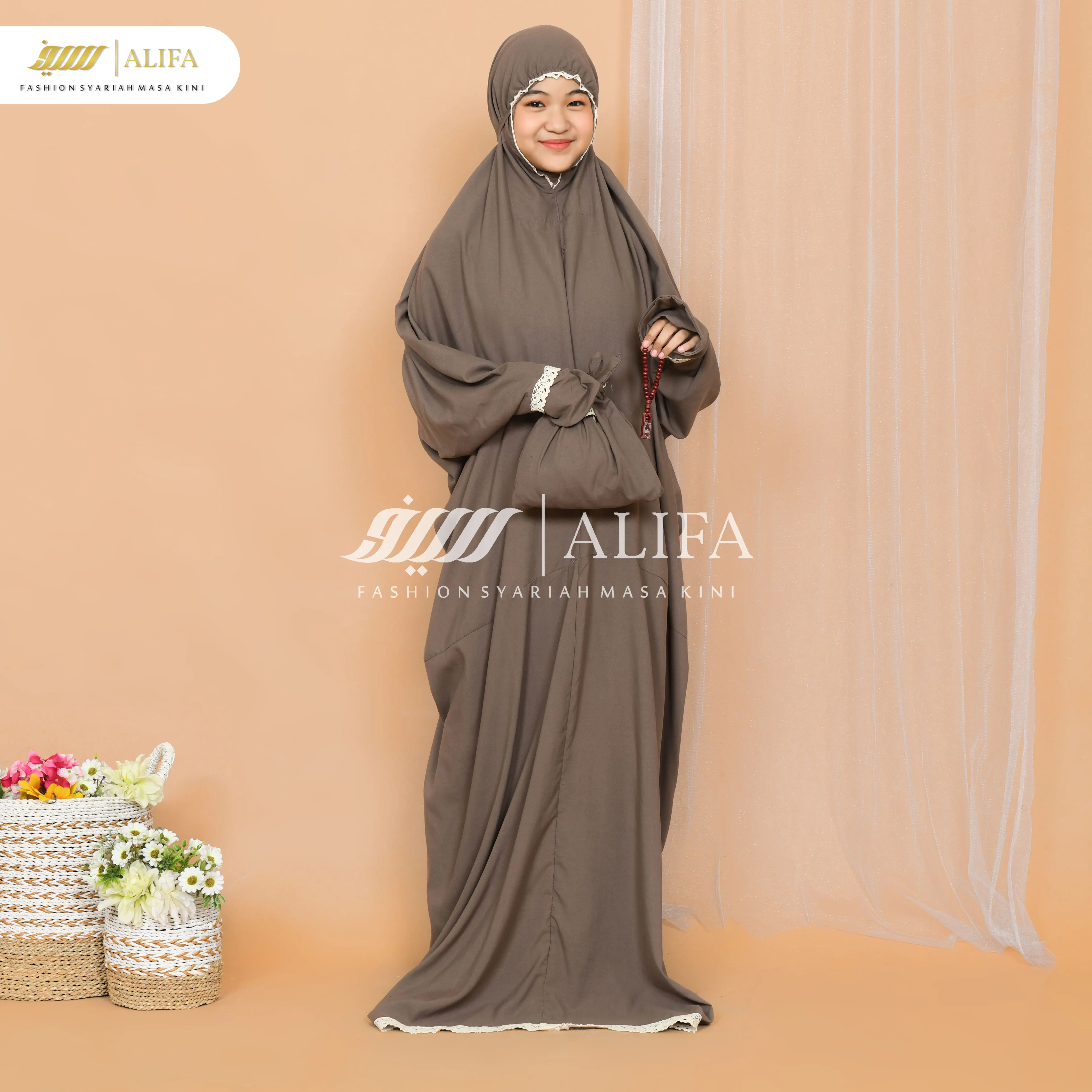 ALIFA - Mukena Terusan Anak Katun Mikro Muslim Mukenah Renda Traveling Cantik