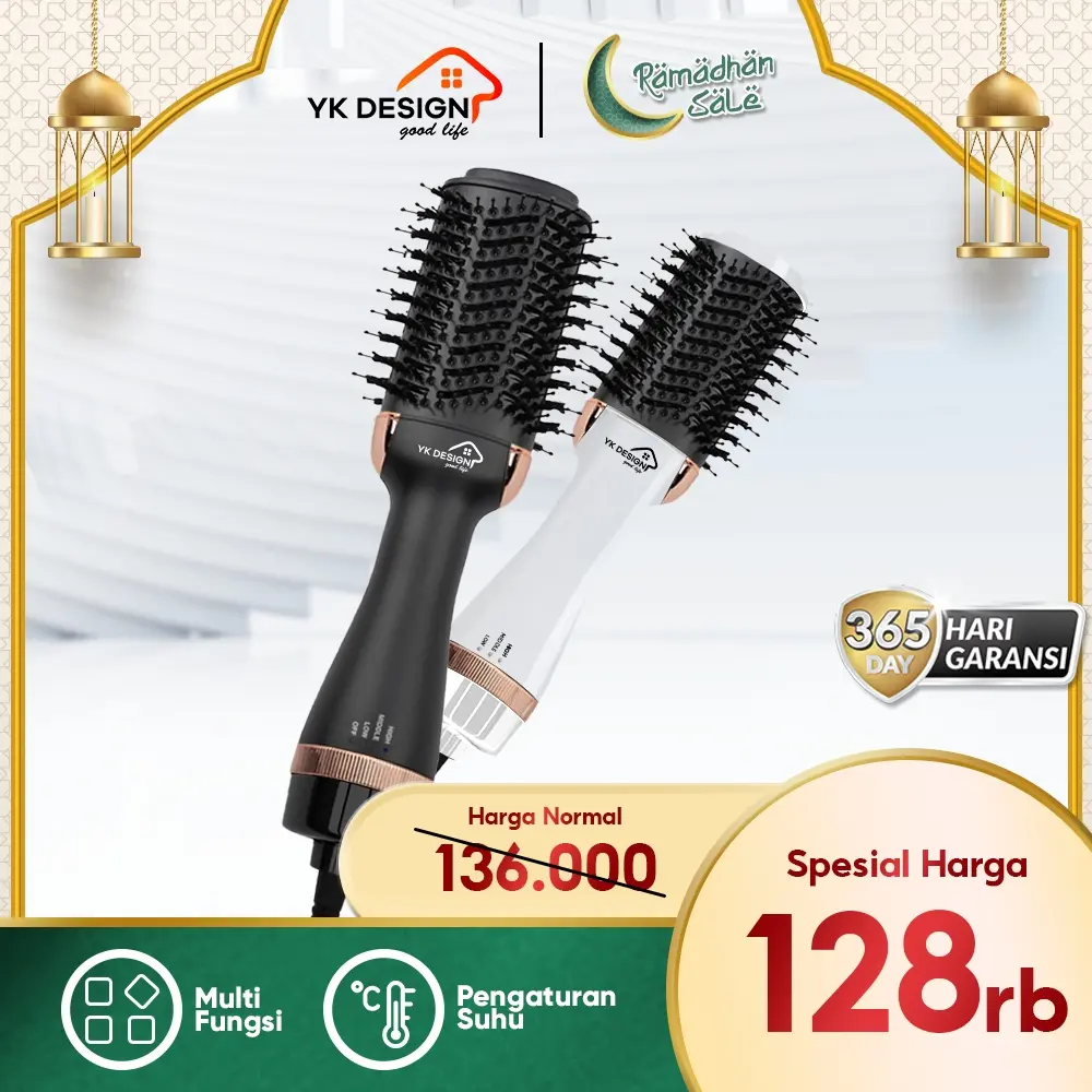 YK DESIGN One Step Brush Hairdryer And Styler (Sisir pengering, Meluruskan & curly rambut elektrik 4in1)  YK-163 Hitam Merah