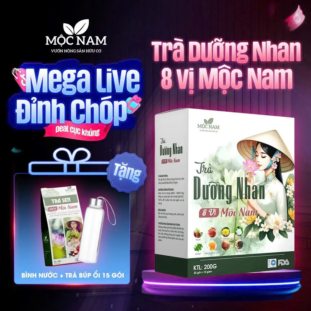 Trà dưỡng nhan 8 vị sấy lạnh Mộc Nam, táo đỏ, kỳ tử, hoa cúc, hoa nhài, gạo lứt, đậu đen, đông trùng, cỏ ngọt - tặng bình nước.