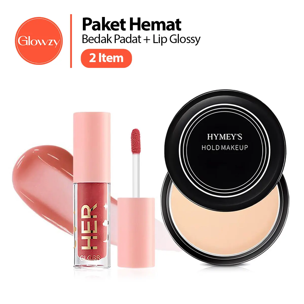 PAKET HEMAT 2 ITEM  - Bedak glowing Tahan Lama Anti air Sadoer Hymey'sProfesional Compact Powder + Lip Glosssy Her Lip Gloss Melembabkan Bibir