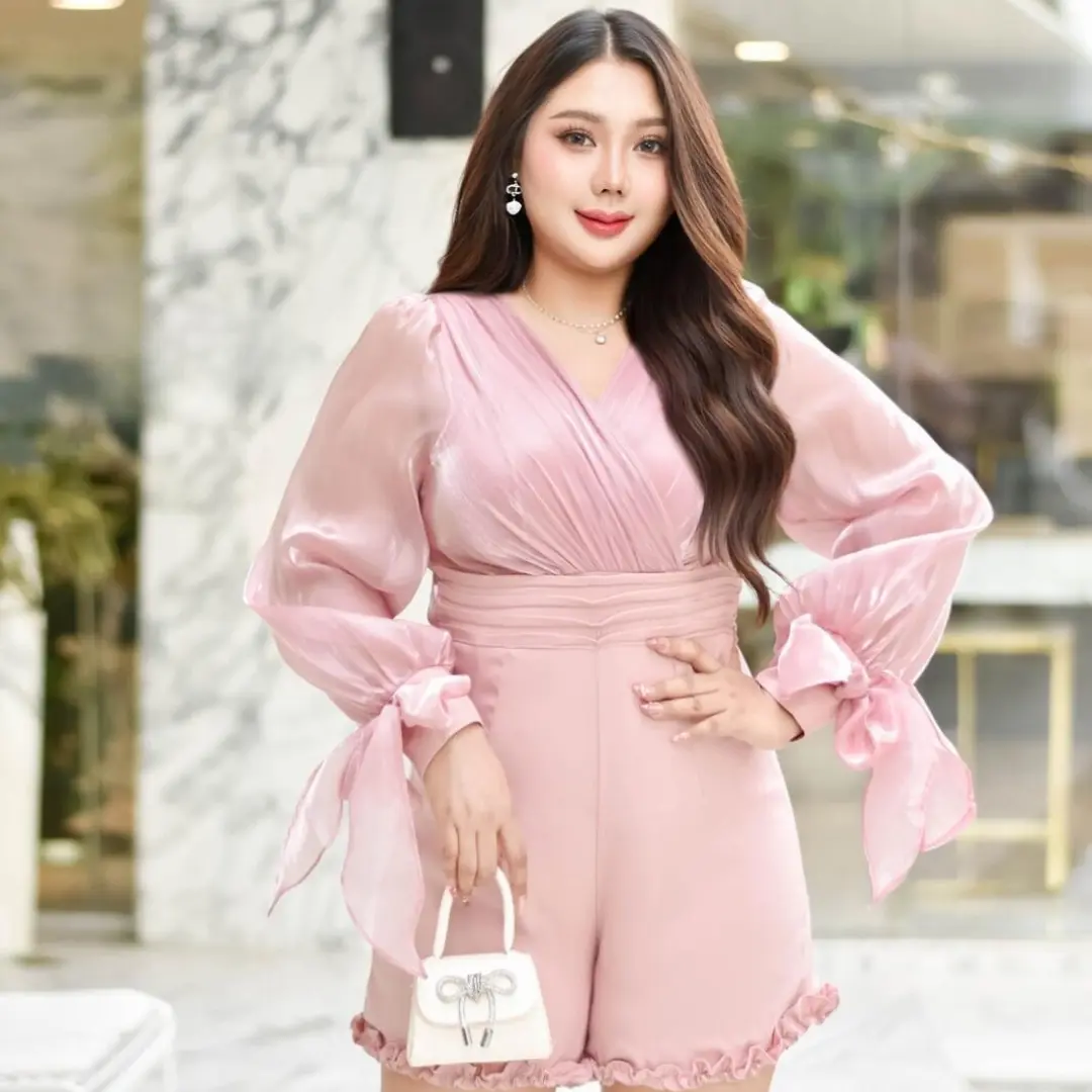 Plus Size V Neck Line Double Lined Back Zip Slim Waist Rompers