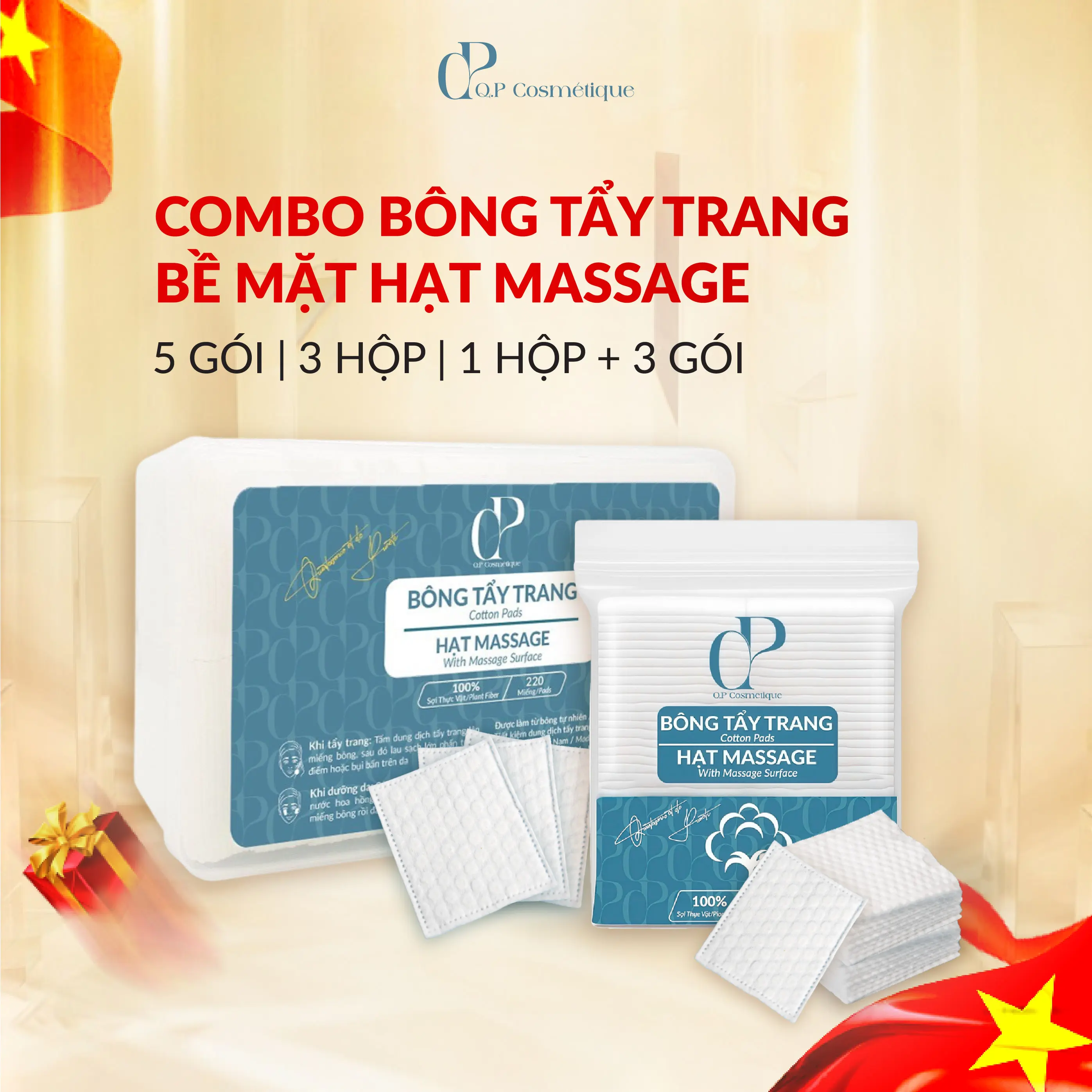 Combo Bông Tẩy Trang Ép Định Hình Q.P Cosmétique Không Xơ Rách, Hạt Massage Sạch Sâu
