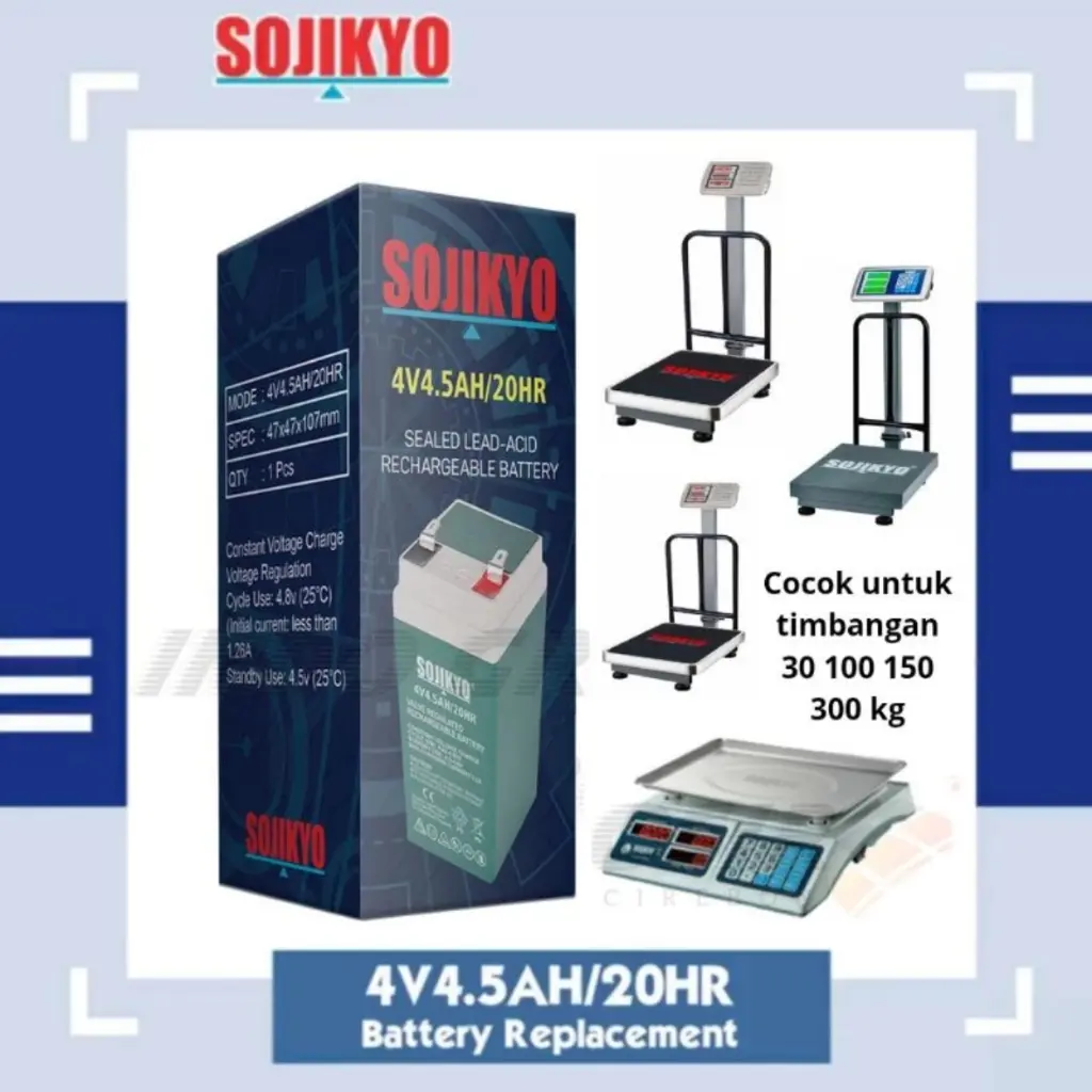 NEW SOJIKYO Baterai Timbangan 30 100 150 300 kg Digital 4V4.5AH Aki Accu Kering Batre Batrai Battery Timbangan Buah Sayur Tepung Model Meja