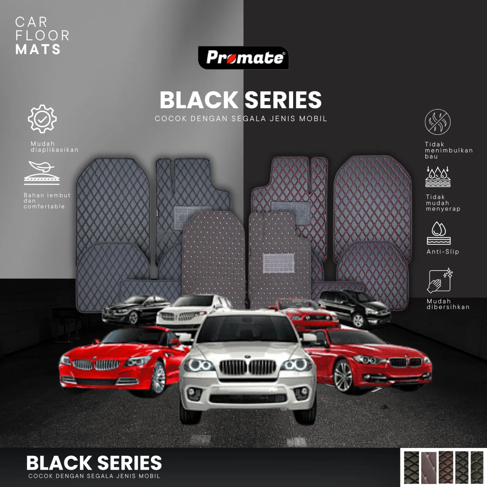 [Promate.id] Universal Car Mats Leather 5pcs - Karpet Mobil Promate Universal Kulit Waterproof Premium Black Series - Bisa COD