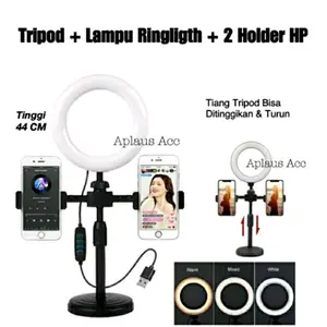 Tripod 28 cm + 2 Holder HP + Lampu Ringlight 16 cm Stand Selfie Vlog