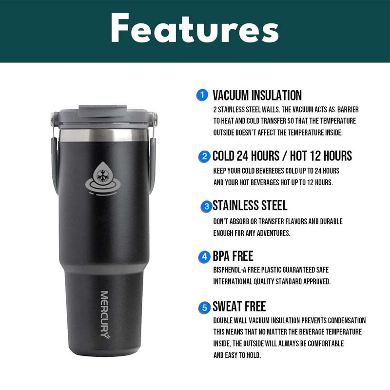 Mercury(600mL/900mL/1200mL) Thermos Cup with Handle Hot and Cold Travel Cup with Straw Vacuum Insulated Cup Drinkware Flasks Tumbler Vacuum Cup Portable Stainless Steel Insulation Plastic Preservation Silicone Bottled Mug Water Bottles Cover