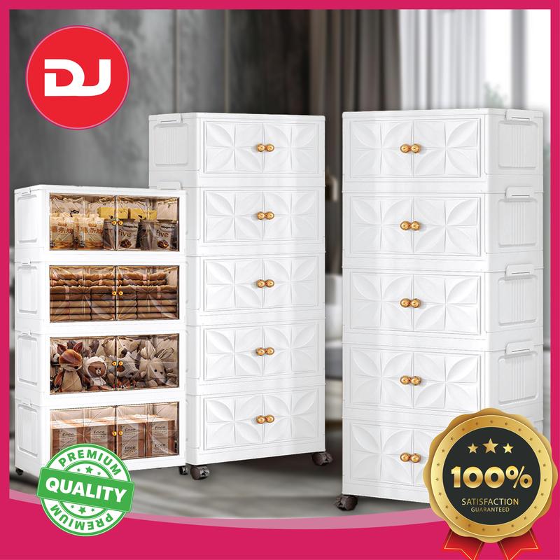 【HARGA RUNTUH】DJHOME CORAK BUNGA 50-70cm (2/4/5 Layers) 2 Doors Multipurpose Foldable Stackable Storage Cabinet Box With Rollers Rak Kabinet dengan Roda