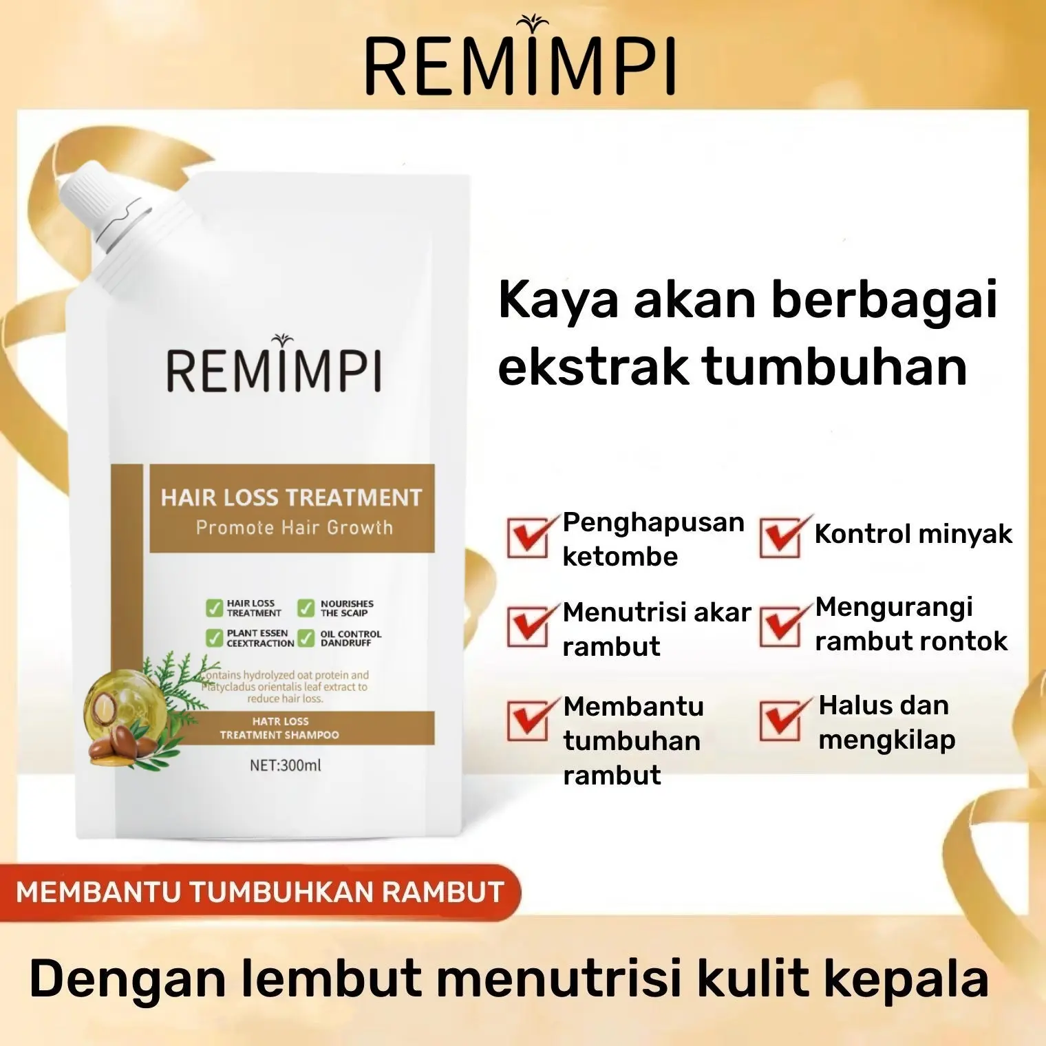 REMIMPI Anti Hair Fall Hair Treatment Shampoo Oil Control Anti-dandruff Anti Hair Loss Anti Rambut Rontok Ketombe Herba Extract Memanjangkan Melebatkan Perawatan Haircare Sampo 300ml