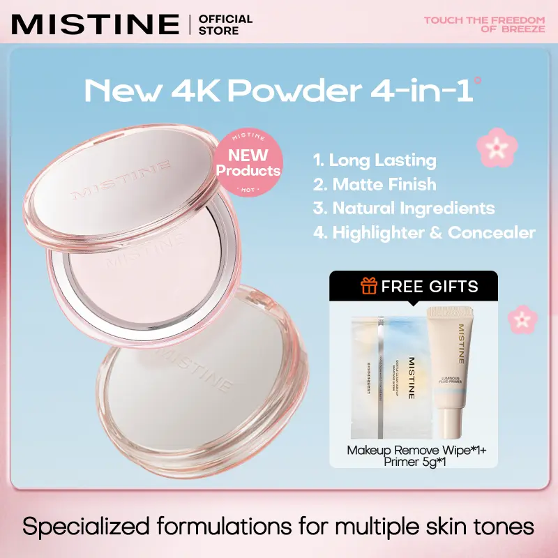 MISTINE 4-in-1 Shine Control Setting Pressed Powder Matte Long Lasting Makeup Lightweight Formula For Finish Highlighter/Concealer For All Skin Types 9g【Free Gifts】Primer 5g*1 + Makeup Remover wipe*1