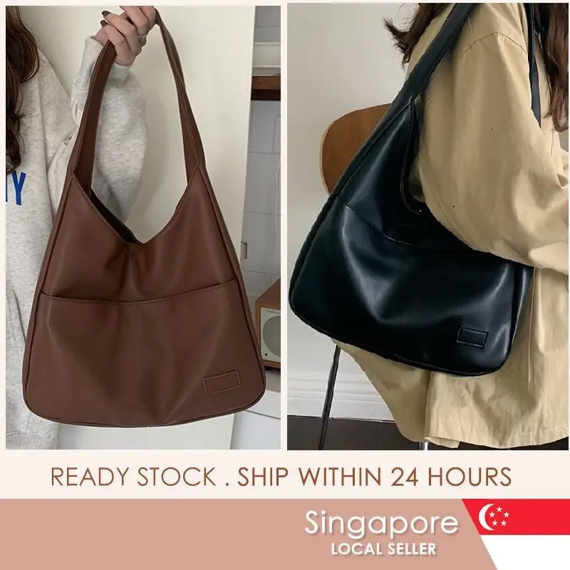 [SG SELLER] 3 Colors Retro Women Large Capacity PU Leather Simple School Casual Tote Bag