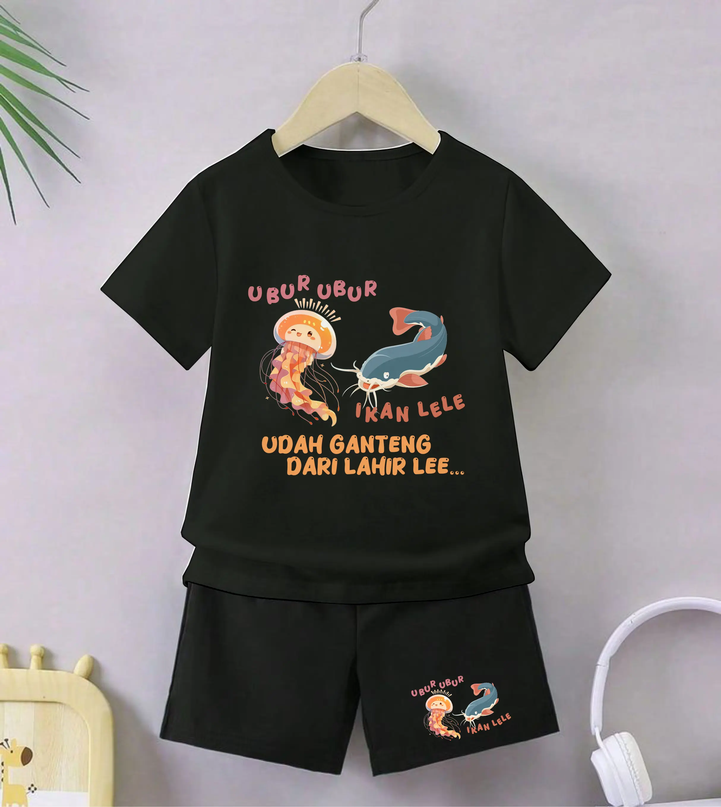 Luwi Kids Setelan Anak Celana Hitam Cewek Cowok Gambar Ubur Ubur Ikan Lele Ganteng Celana Fashion set Baju