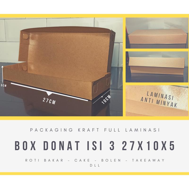 BOX DONAT ISI 3 DUS DONUTS KRAFT LAMINASI PACKAGING DONAT TEMPAT DONAT