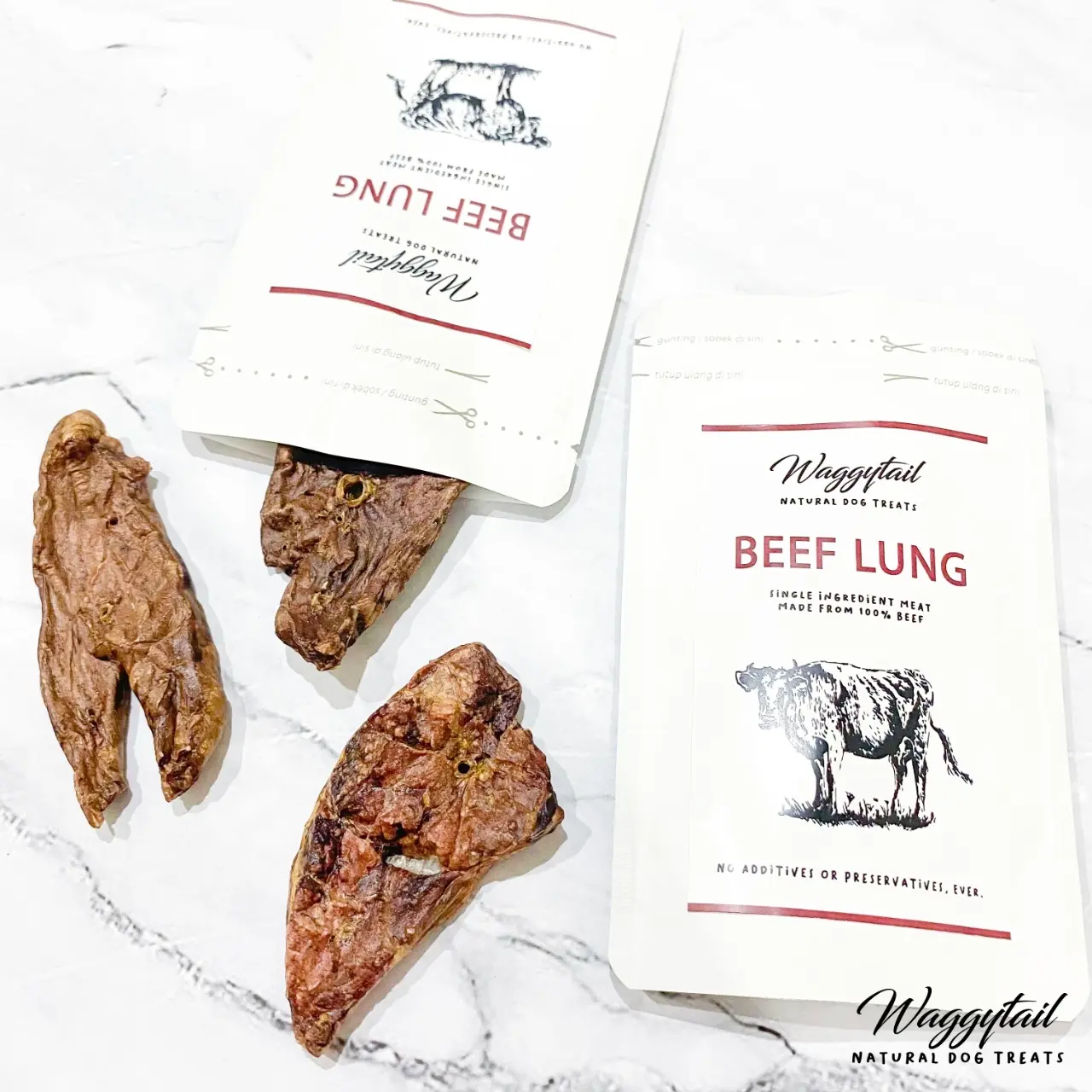 Waggytail beef lung jerky all size snack anjing