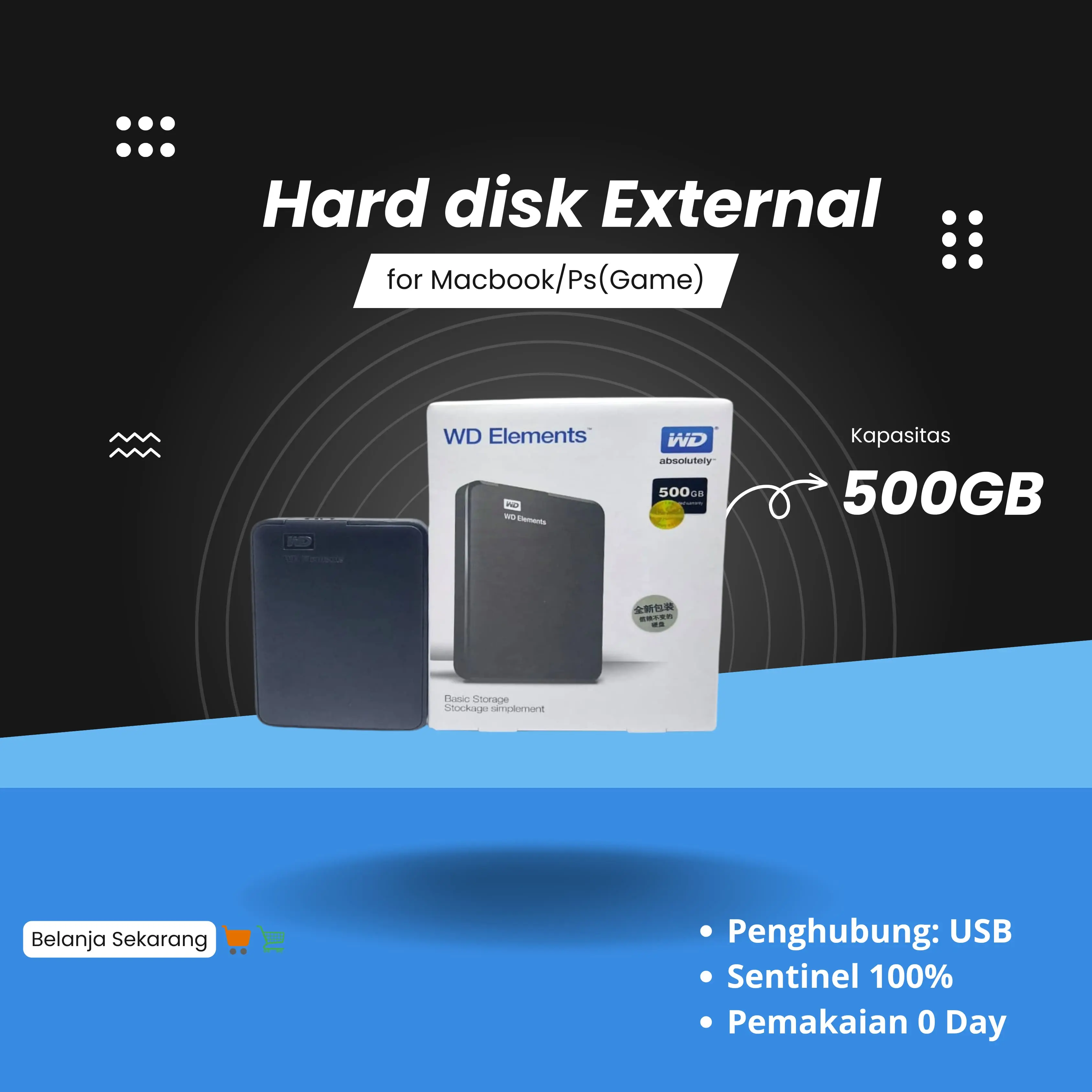 HARD DISK EKSTERNAL WD ELEMENTS USB 3.0 . 320GB 500GB 1TB PS/GAME Kabel Hdd