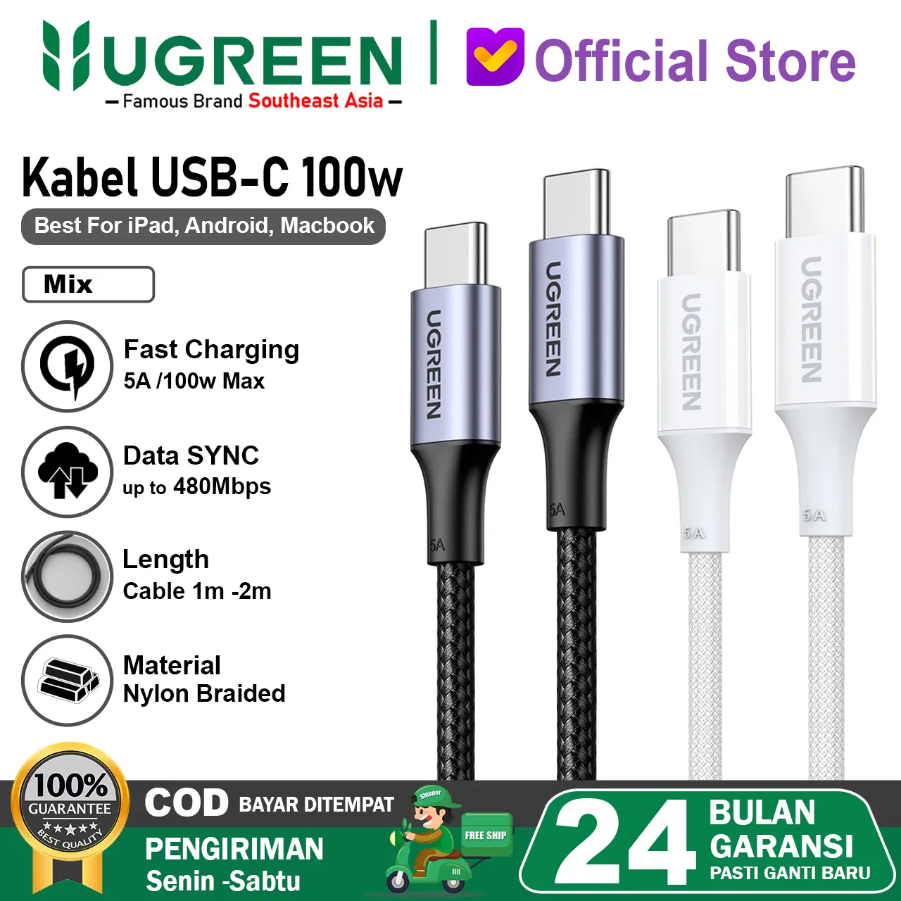 Kabel Data UGREEN USB Type C To Type C PD 5A 100W Fast Charging