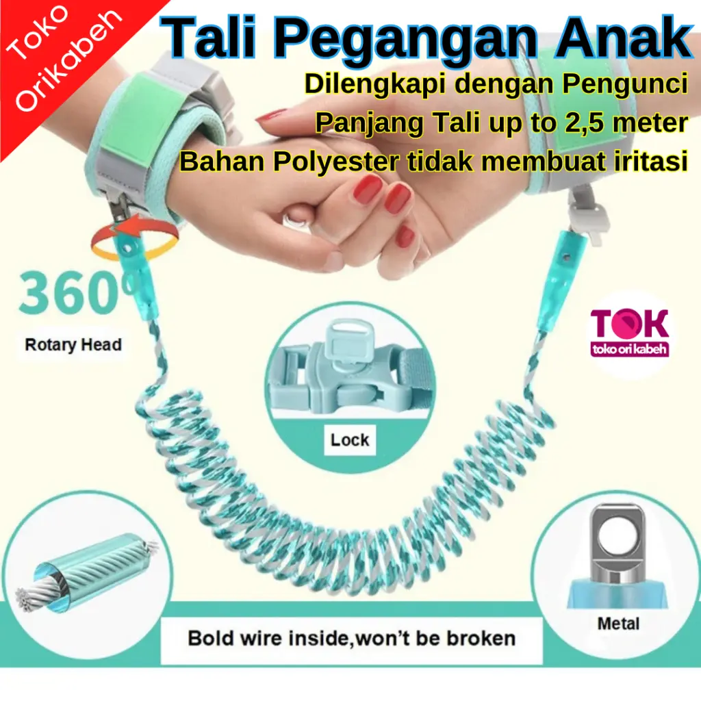 Tali Pegangan Tangan Anak Anti Hilang 2.5 Meter dengan Kunci Tali Reflektor