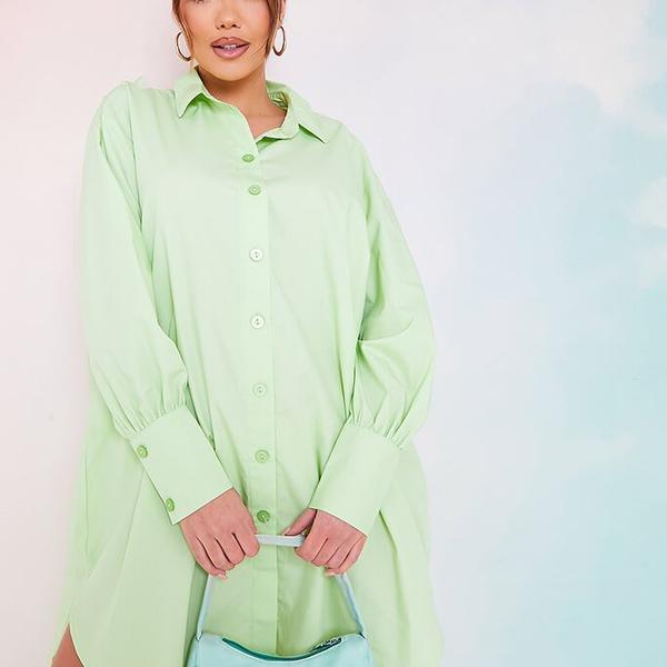 Green Woven Oversized Dip Hem Shirt Dress