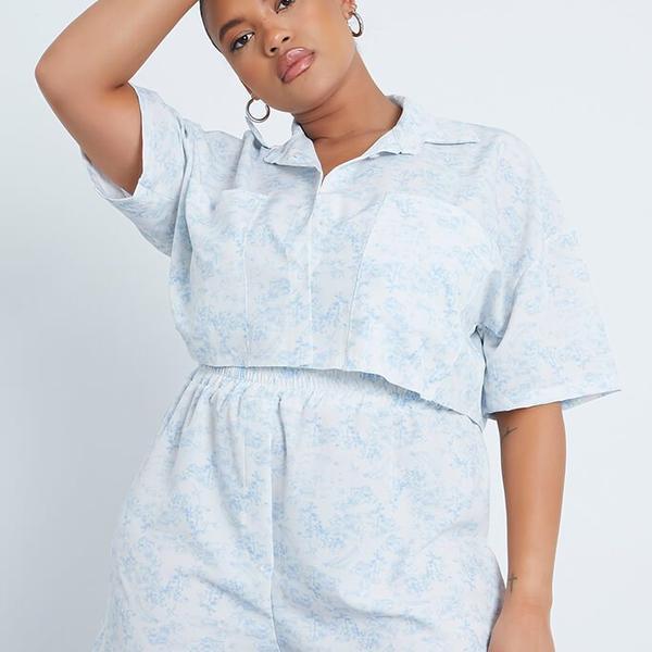 Blue Plus Size Cotton Poplin Shirt & Shorts Co-Ord