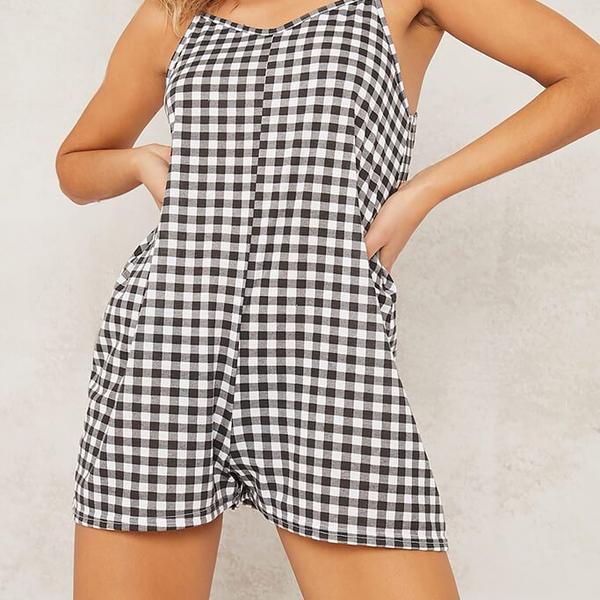 Black Gingham Print Floaty Cami Playsuit