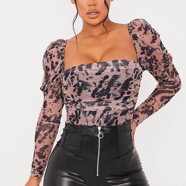 Tan Tie Dye Mesh Milk Maid Puff Sleeve Bodysuit