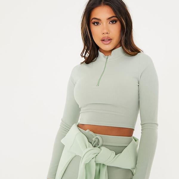 Sage Soft Rib Half Zip Top